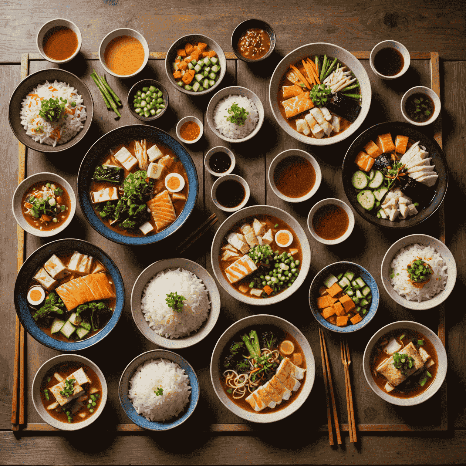 A variety of colorful Japanese dishes including miso soup, grilled fish, rice, and vegetables, arranged on a traditional wooden table. The image showcases the vibrant colors and textures of healthy Japanese cuisine suitable for seniors.