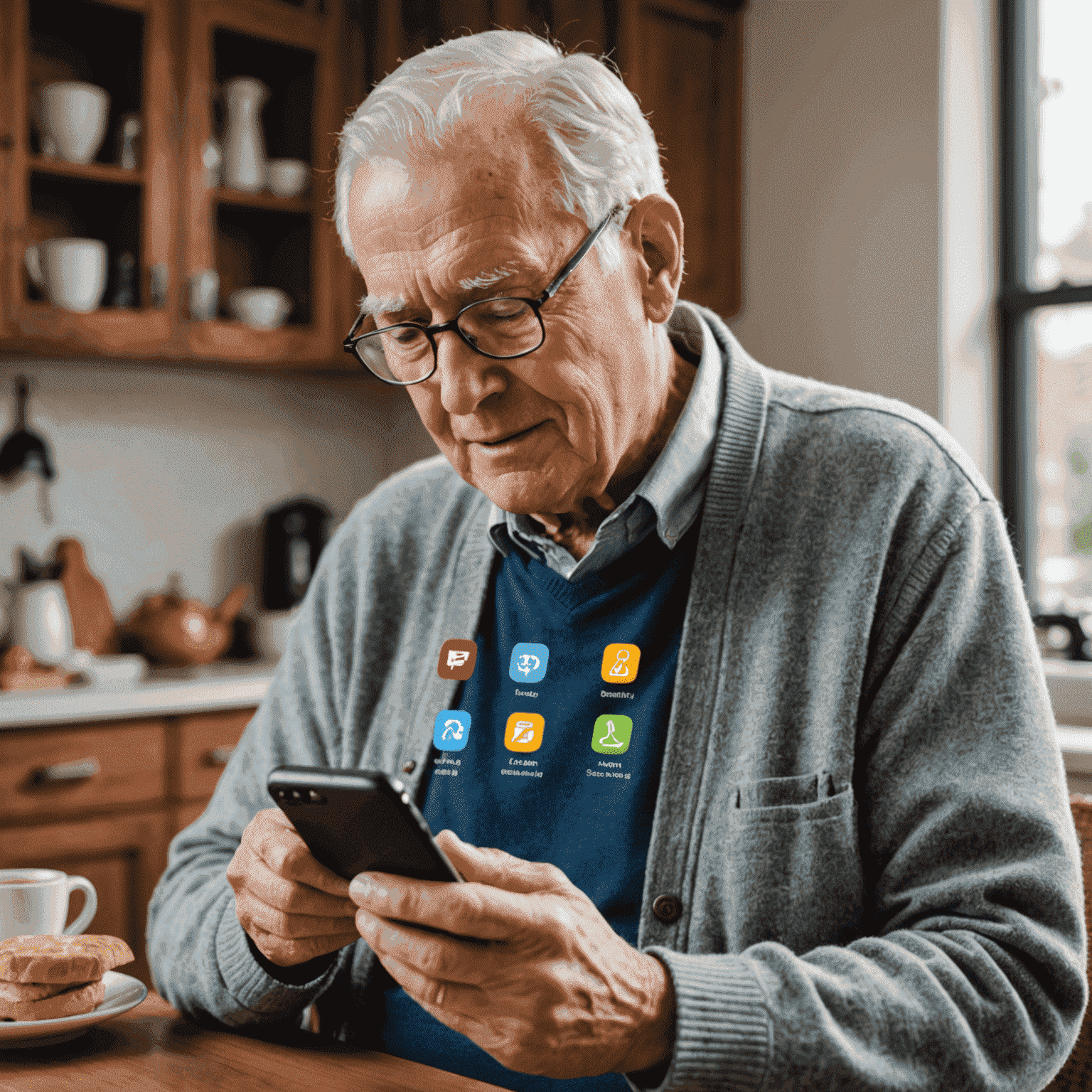 An older adult using a smartphone with a simplified interface. The image shows large, easy-to-read icons and text on the screen, demonstrating user-friendly technology for seniors.