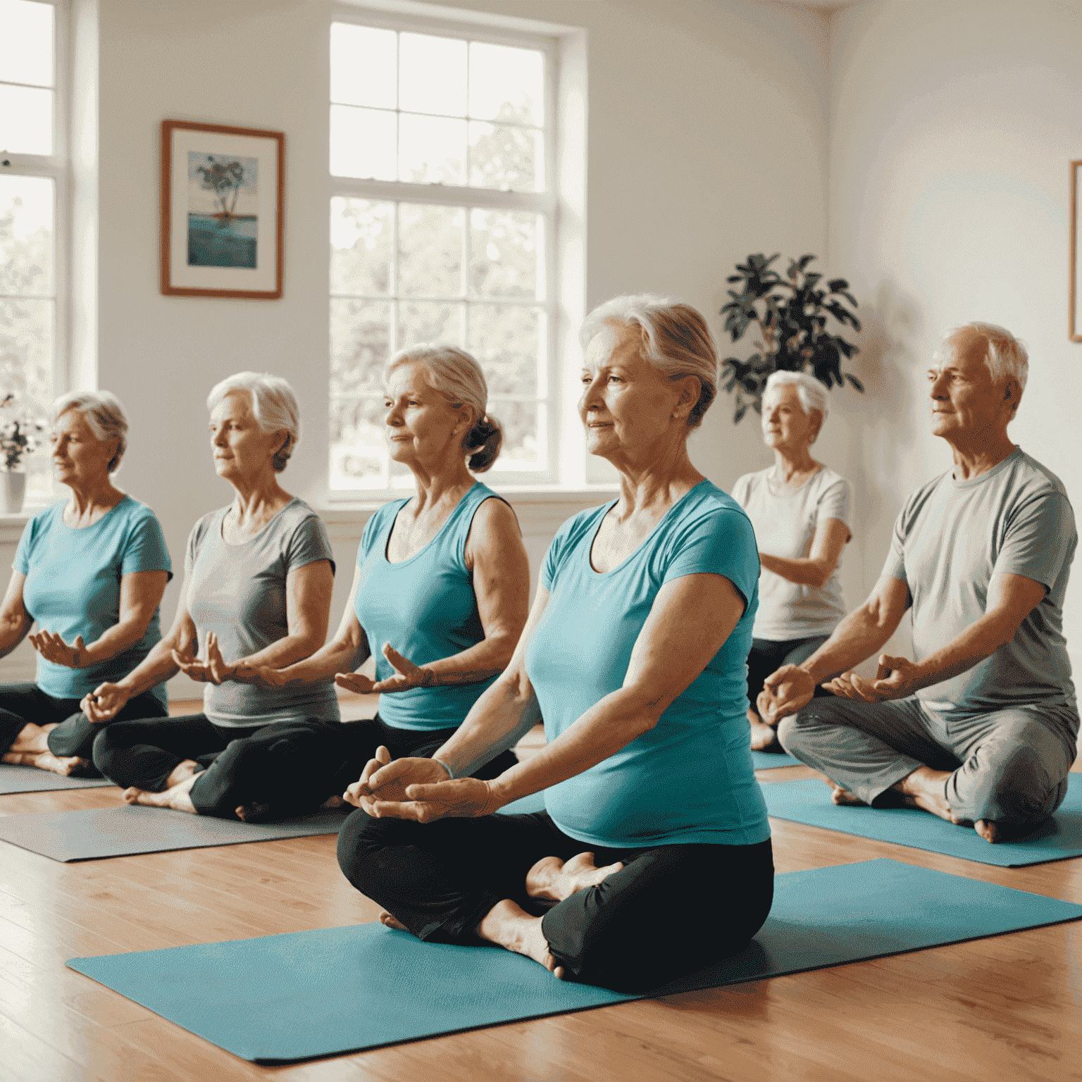A group of senior adults participating in a gentle yoga class in a bright, airy room. The image shows various easy stretching poses suitable for older adults, emphasizing flexibility and balance.